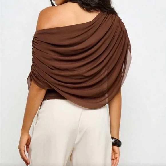 Brown asymmetrical off shoulder draped, flowy stretchy mesh top - Picture 4 of 4